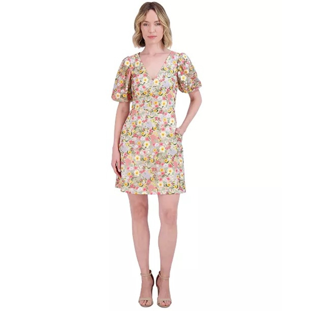 Eliza J Women's Size 24 W Floral Embroidered V Neck Puff Sleeve Mesh Dress - Picture 12 of 12